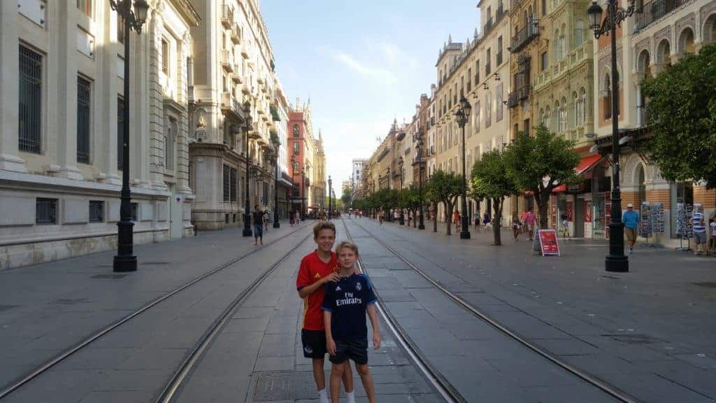 Seville street scene with Jackie's children
