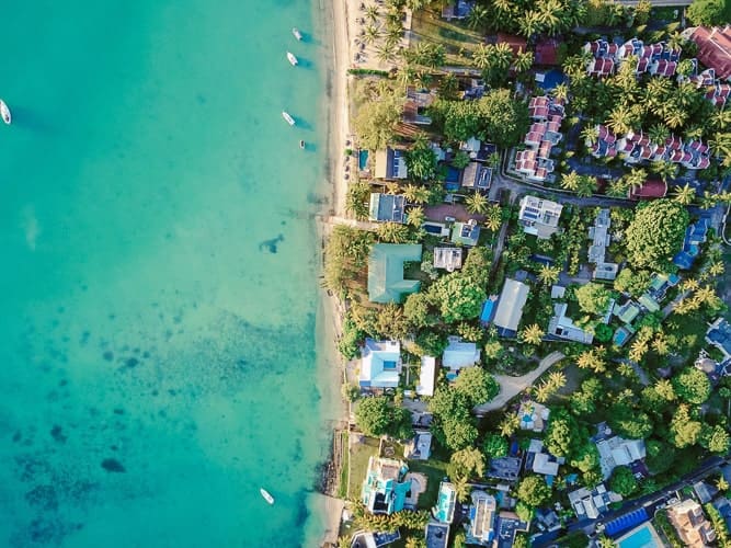 A view of the coastline from a drone in Mauritius