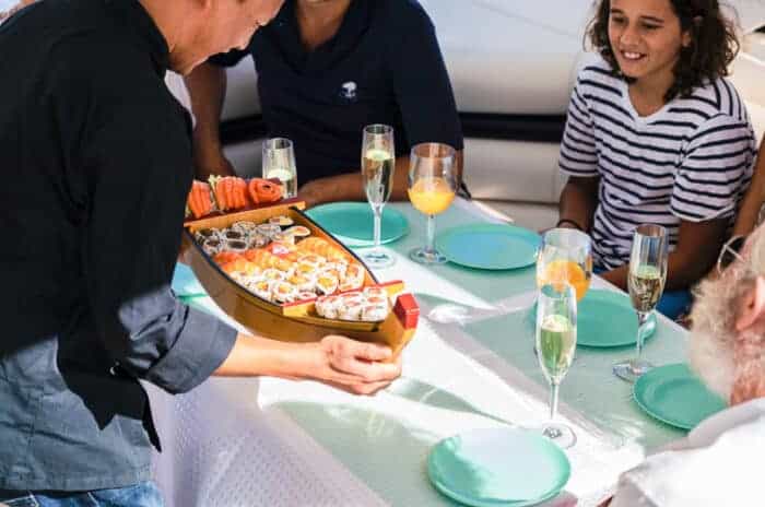 A family eating seafood in Portugal