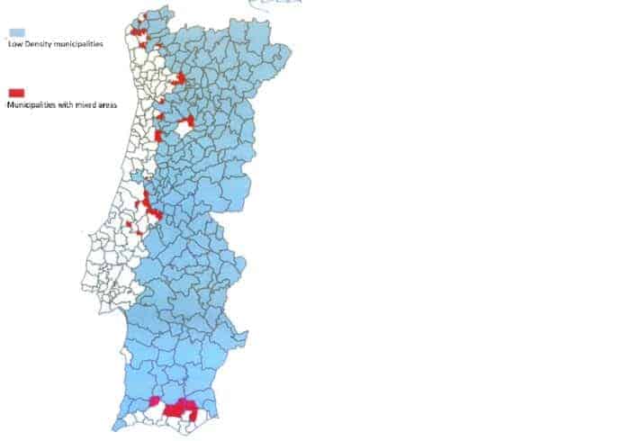 A map showing low-density areas appropriate for Portugal Golden Visa real estate investment after the changes in 2022.