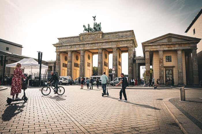 People walking and on bikes in Berlin, Germany