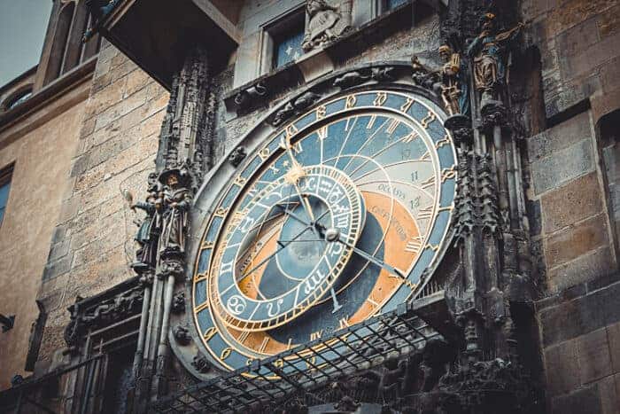 A beautiful clock in a building in Prague, Czech Republic