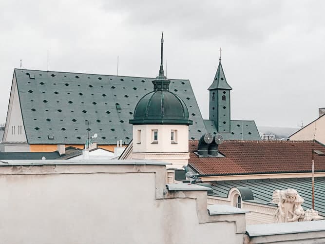 The roofs and tops of buildings in Prague, Czechia