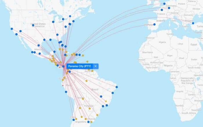 A map of direct international flights form Panama