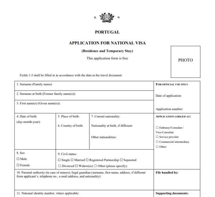 An example of the official Portugal D7 Visa application form