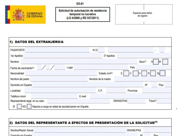 Sample form F01 used for your non-lucrative visa Spain application.