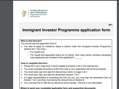 Ireland Investor Visa (IIP) Application form